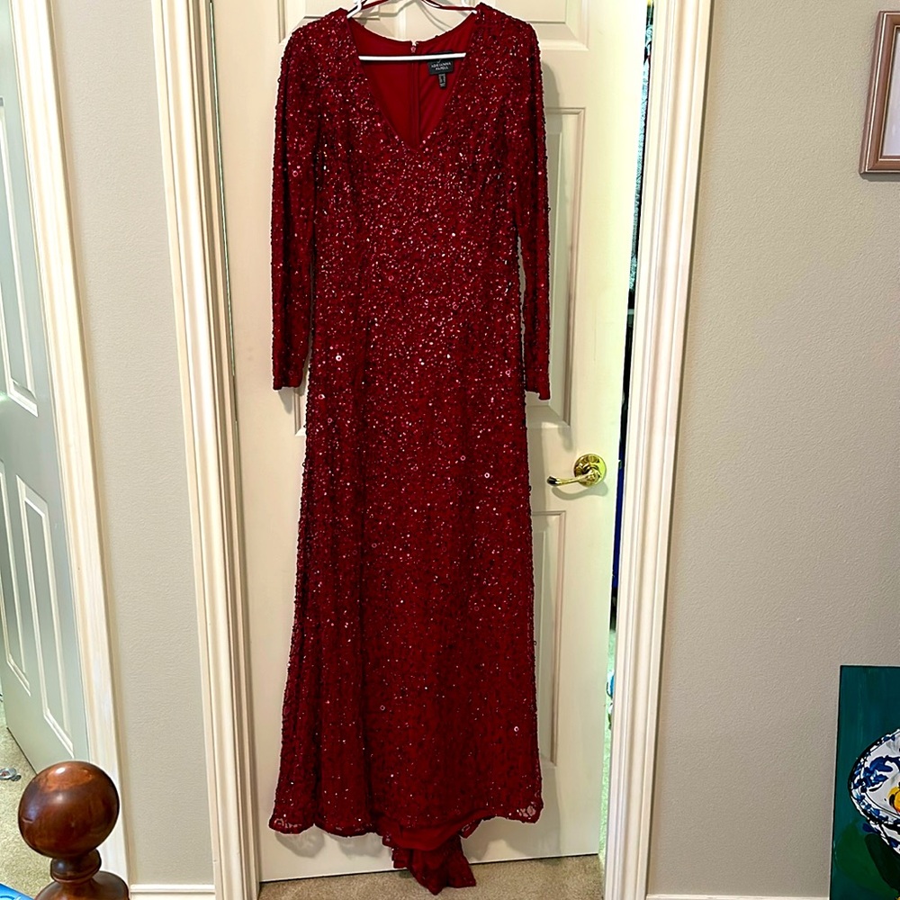 Adrianna Papell Long Sleeve V-neck beaded evening long gown - worn once